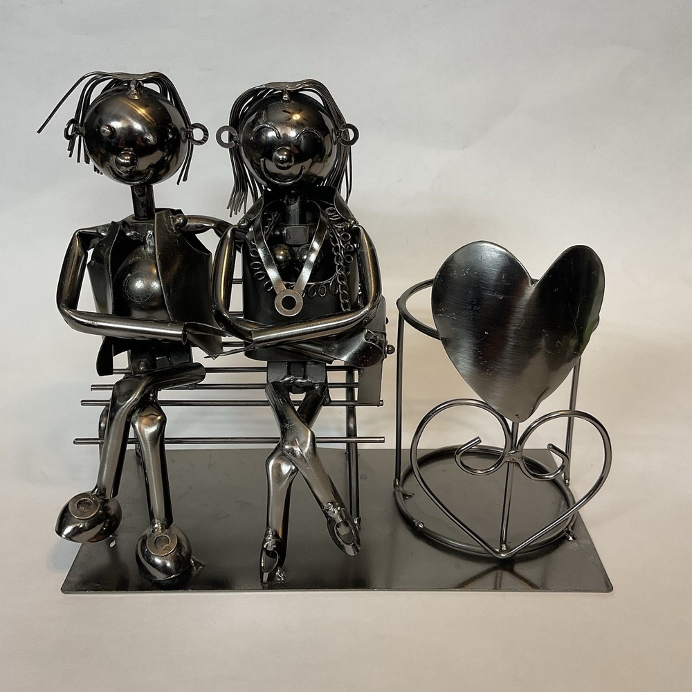 Vintage Wine Bottle /Candle Holder Metall‎ Statue Love Couple On The Bench